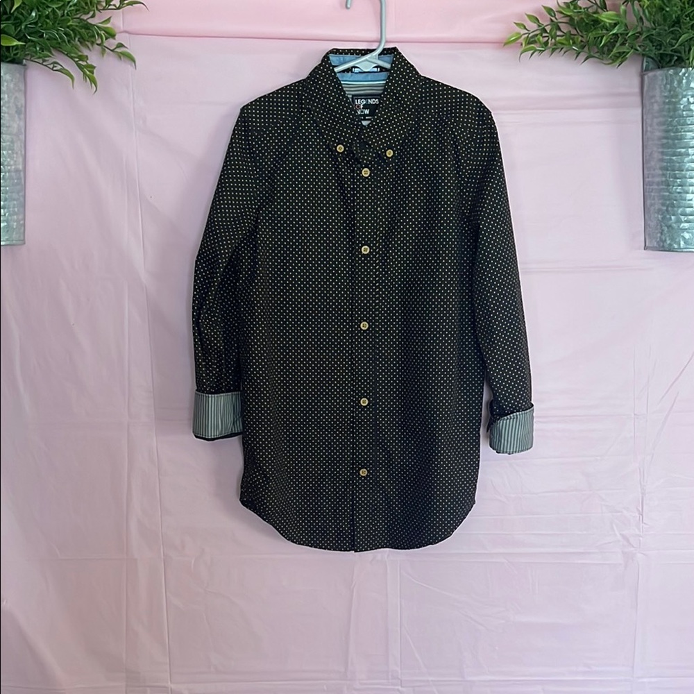 Tan and Black Button Down Shirt with Long Sleeves and Casual Style